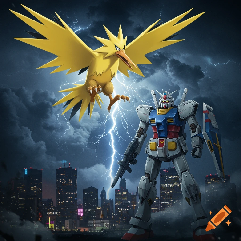 Zapdos and a Gundam mech stand against a storm over a futuristic cityscape with lightning.