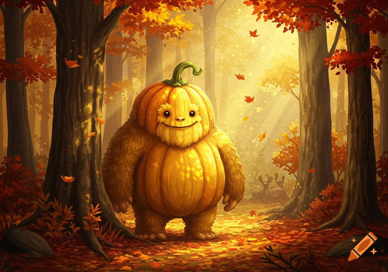 A friendly, furry creature with a pumpkin head stands in a vibrant autumn forest with falling leaves.