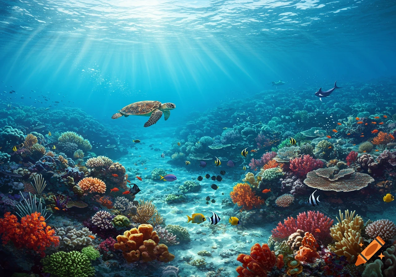 A photorealistic underwater scene of a sea turtle swimming over a vibrant coral reef with many colorful fish and sun rays beaming through the water.