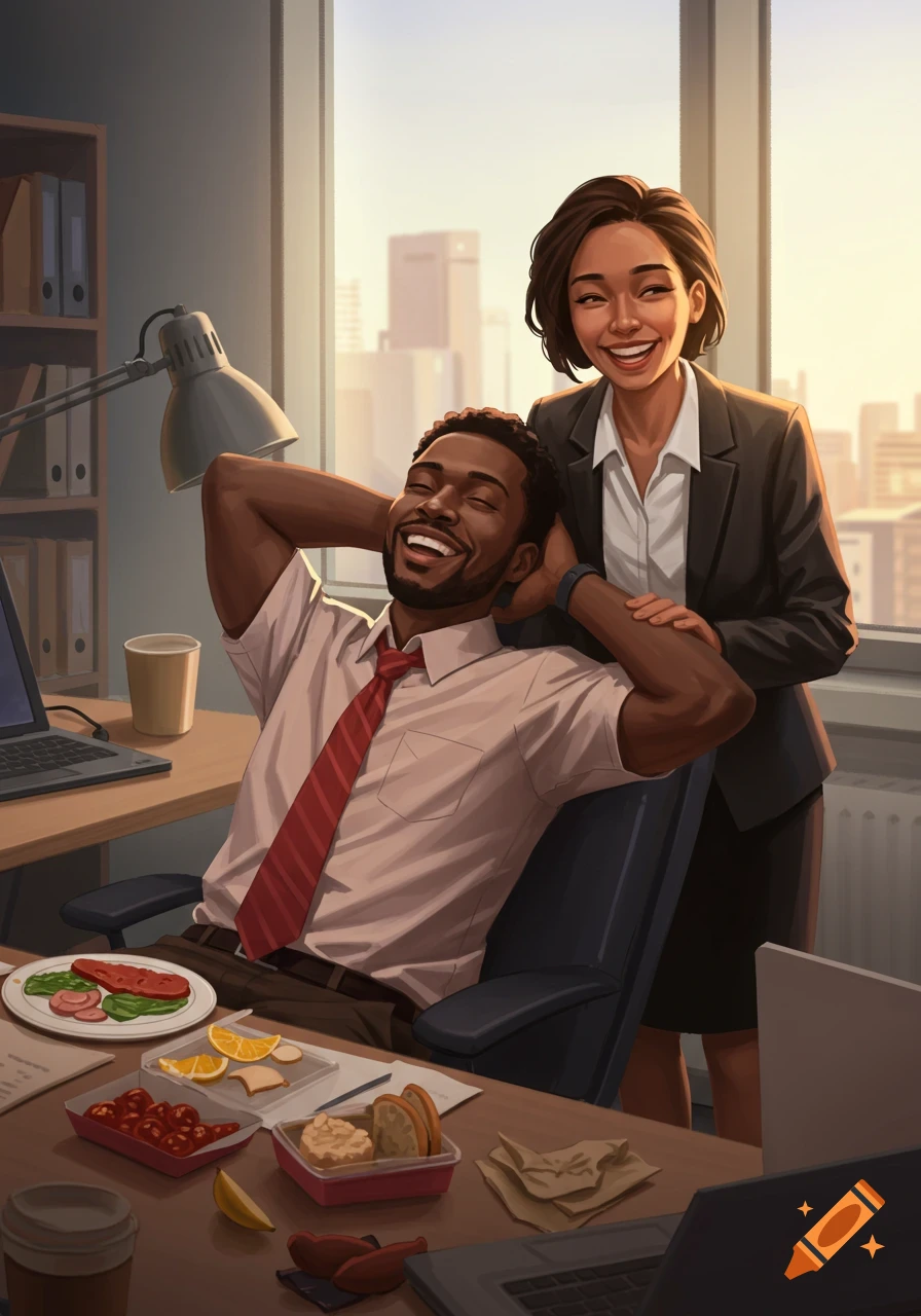 A stylized illustration of a black man relaxing and smiling at his office desk with a woman standing beside him, also smiling, during lunchtime.