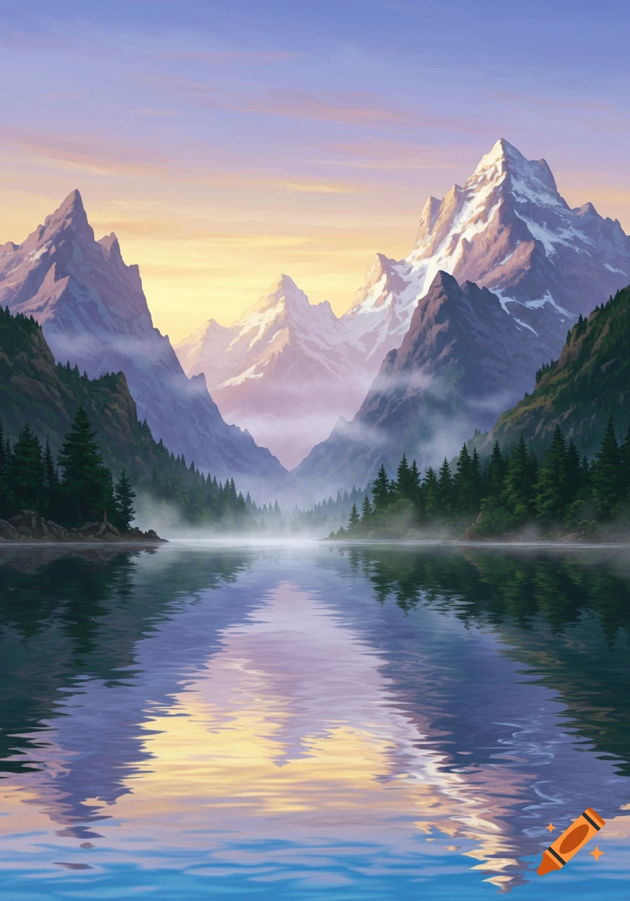 Stylized landscape of a calm lake reflecting snow-capped mountains and a colorful sky at dawn.