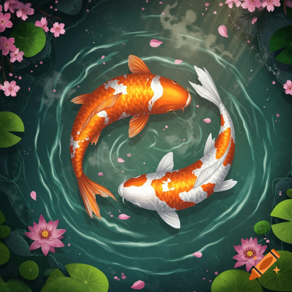 Two orange and white koi fish forming a yin yang symbol in a pond with water lilies and cherry blossoms, top-down view.
