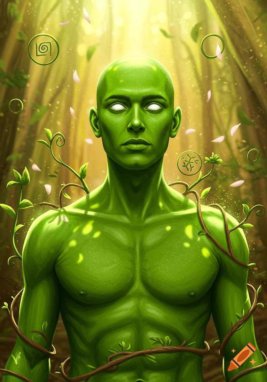 A vibrant green-skinned man with glowing white eyes stands amidst a sunlit forest, surrounded by swirling vines and leaves.