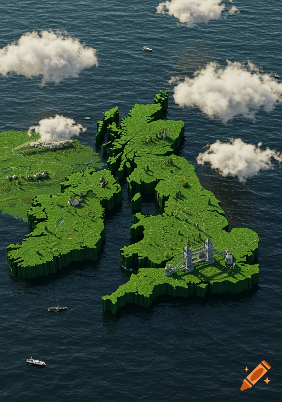 3D emerald green map of the United Kingdom and Ireland floating on water, with notable landmarks like Tower Bridge and small boats.