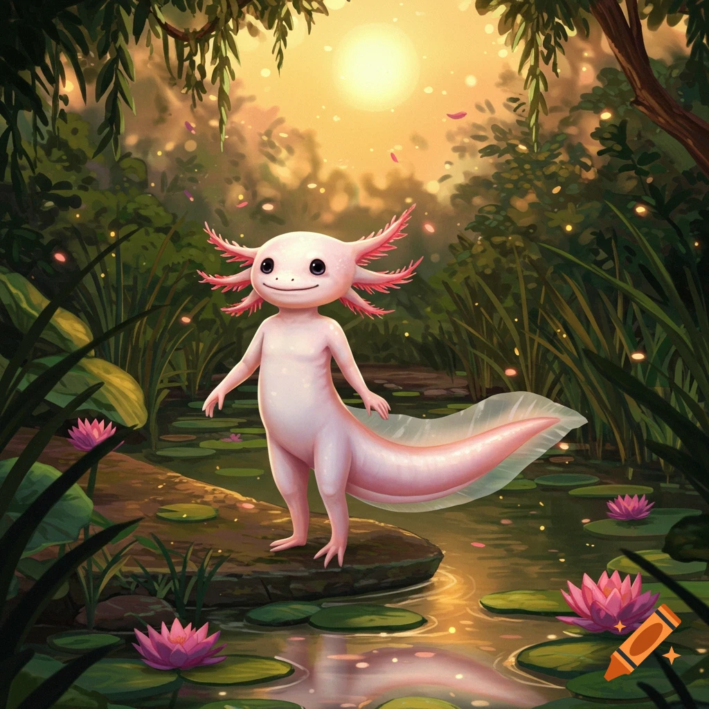 A cute pink axolotl human hybrid stands on a log in a magical, glowing swamp with lily pads and pink flowers.