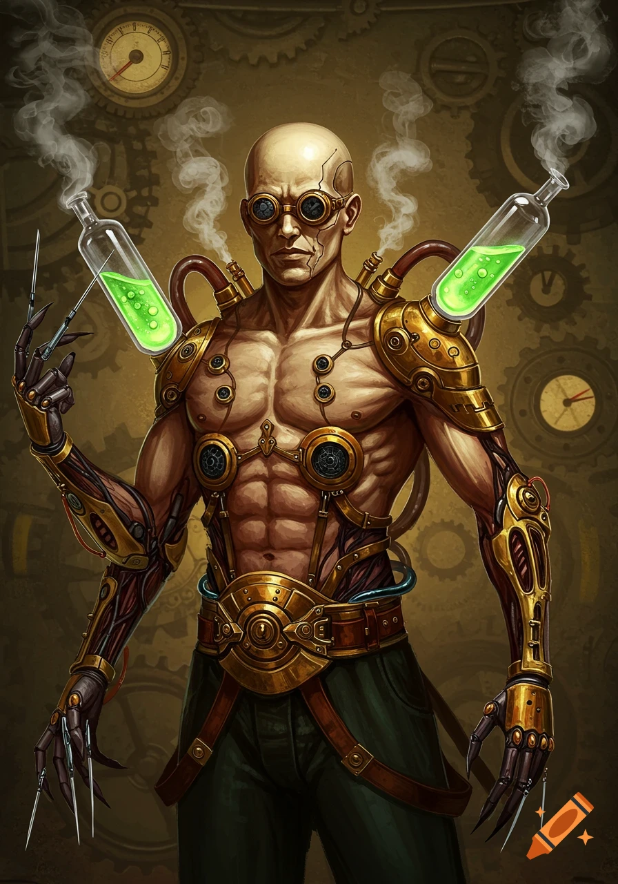A bald, muscular man with steampunk-style brass and gold augmentations, goggles, and glowing green vials on his shoulders, holding a needle-tipped hand.