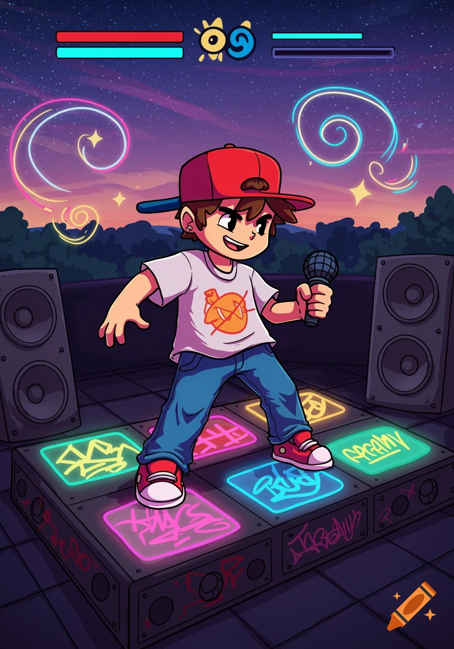A cartoon character resembling Boyfriend from Friday Night Funkin' stands on glowing dance pads, holding a microphone, surrounded by speakers under a starry sky.