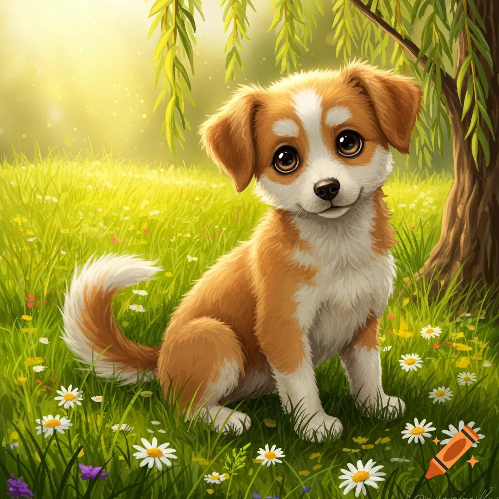 A cute brown and white puppy with big eyes sits in a sunny green field with daisies under a weeping willow tree, in an illustrative style.