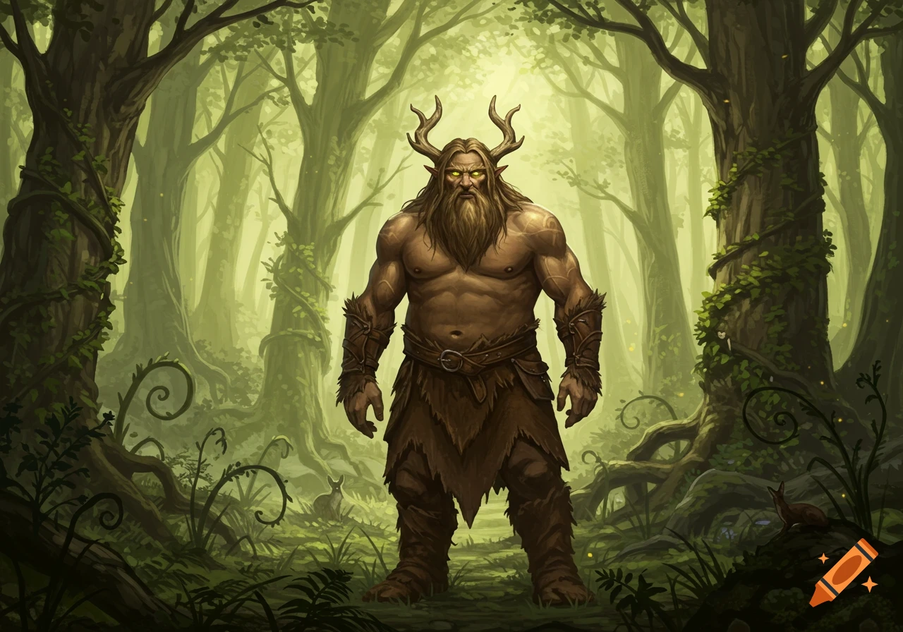 A muscular, bearded man with antlers and glowing yellow eyes stands in a lush, green forest.