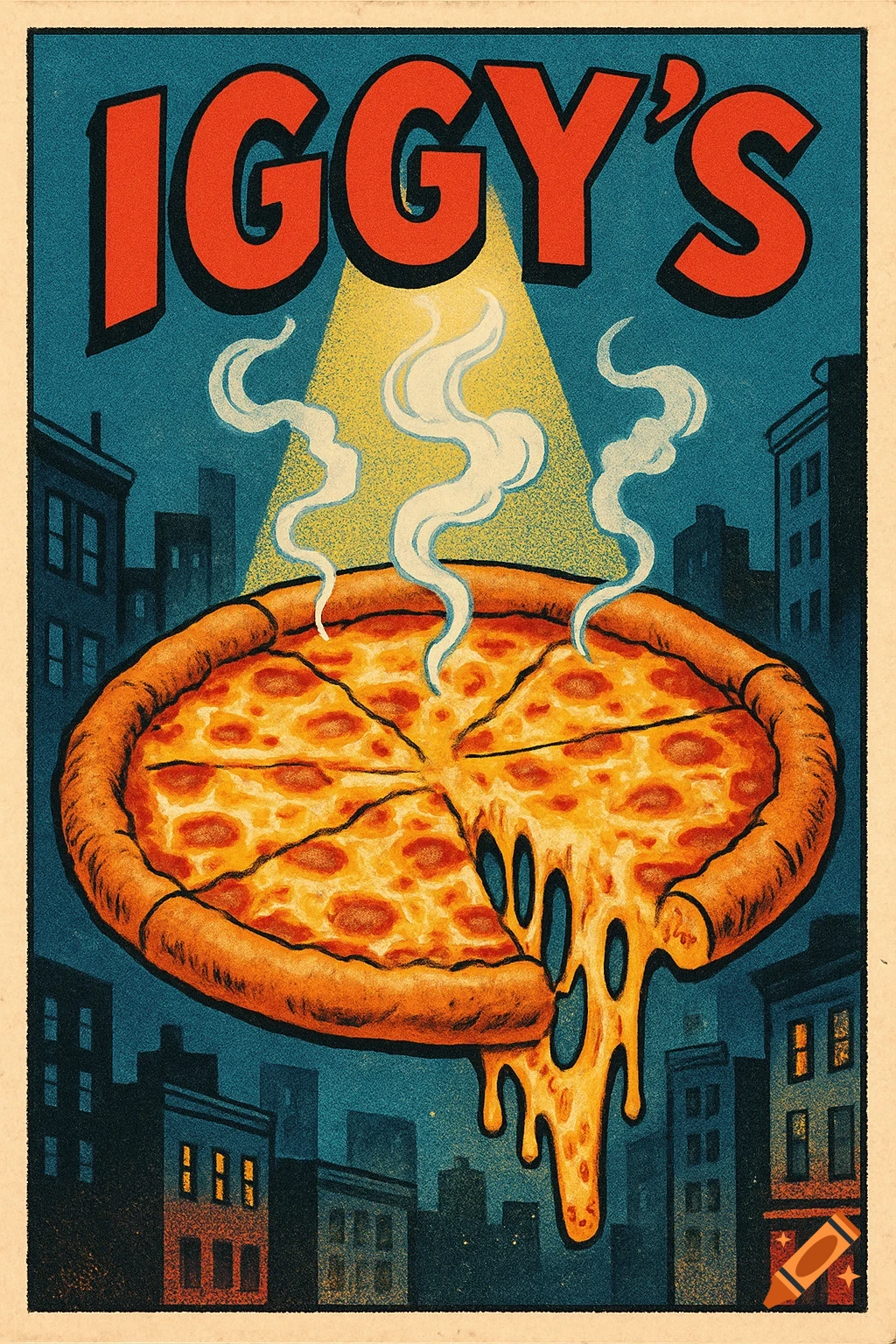 Comic book style poster of a giant cheesy pizza steaming over a city skyline at night, with 'IGGY'S' at the top.