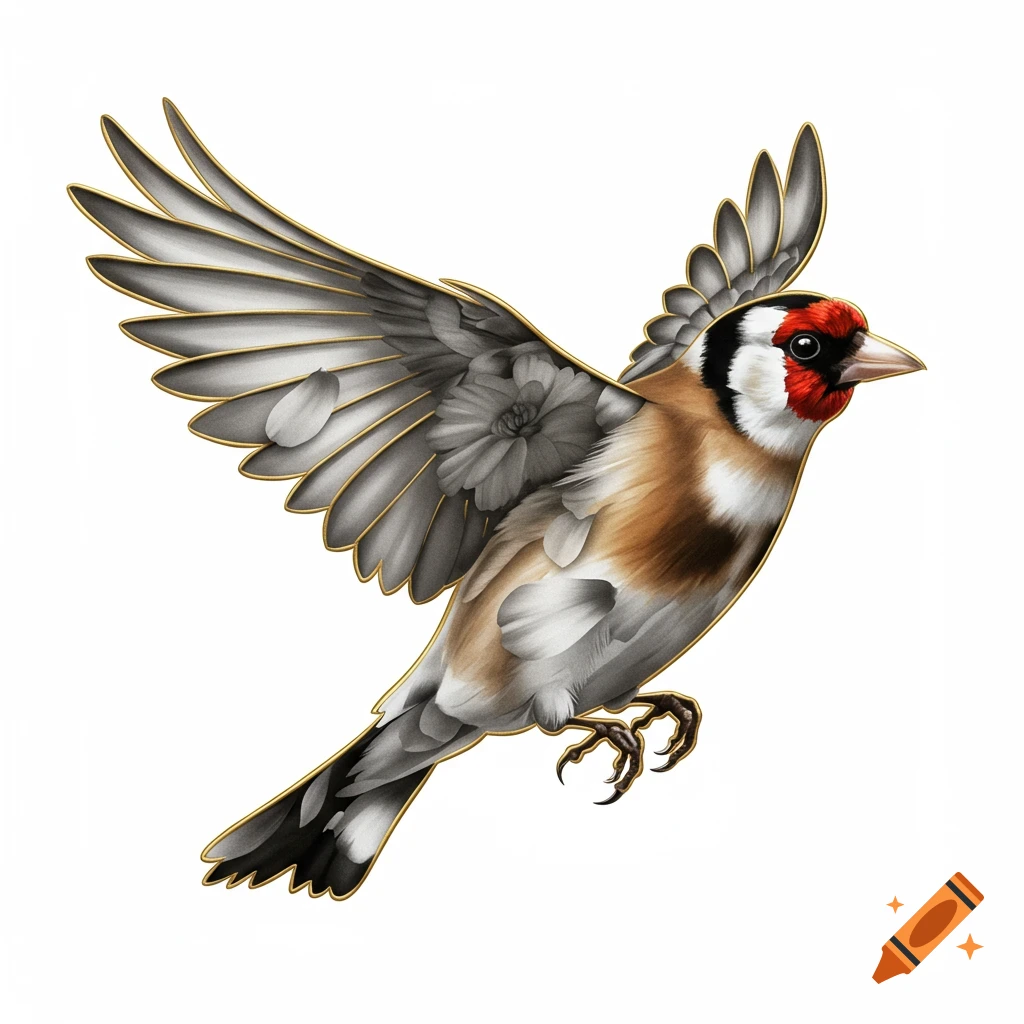 Illustrative goldfinch with spread wings, featuring floral patterns on its feathers and a golden outline, on a white background.