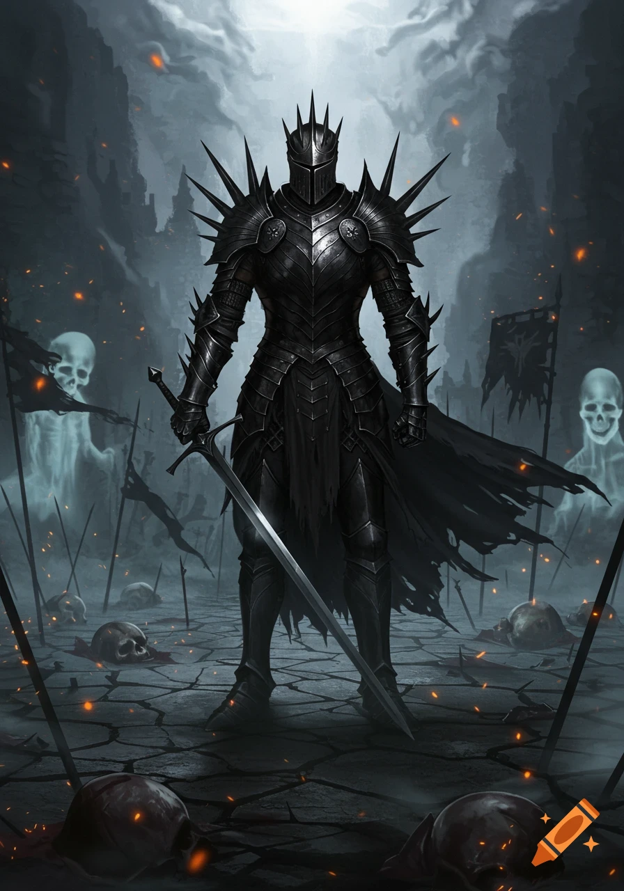 A formidable knight in spiked black armor stands with a large sword amidst skulls and spectral figures in a dark, desolate landscape.