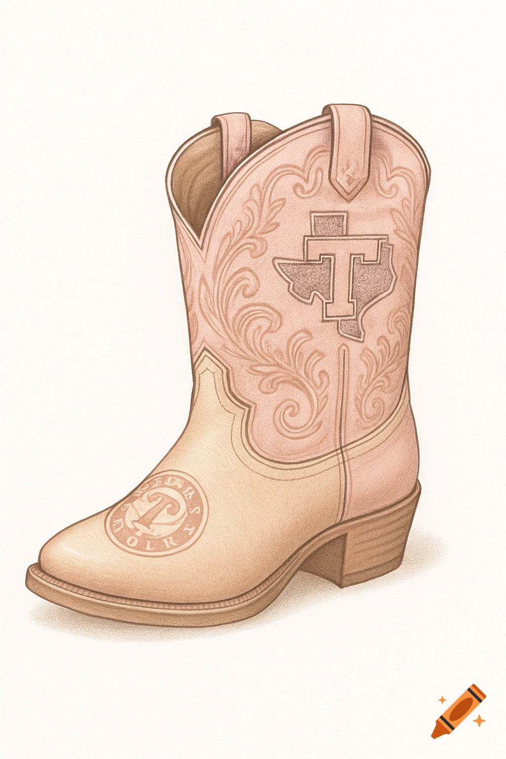 A feminine pink and beige cowboy boot with decorative stitching, featuring a 'T' logo within the Texas outline on the shaft and a circular Tarleton University logo on the toe, on a white background.