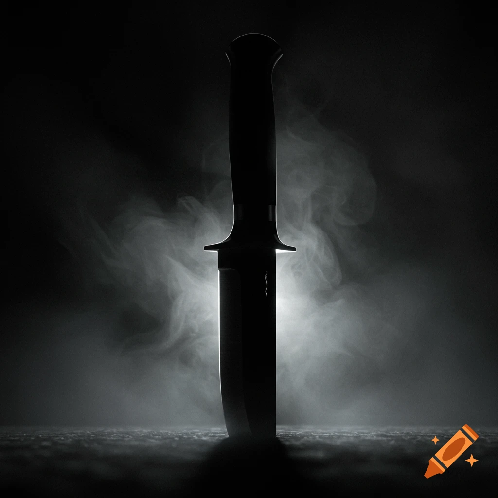 Silhouette of a knife standing upright in dark, smoky environment with strong backlighting.