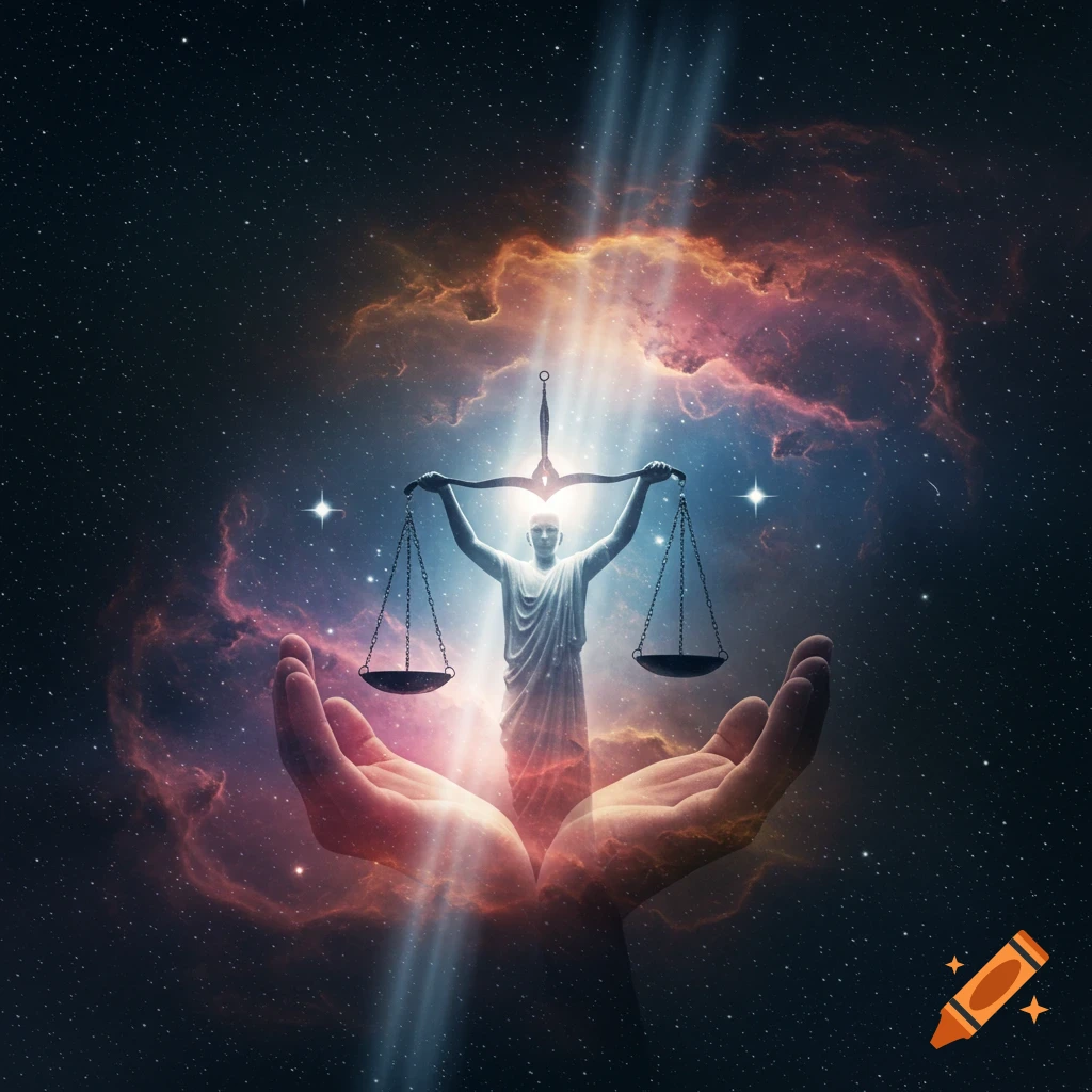 A symbolic statue holding scales of justice within glowing hands, set against a vibrant cosmic backdrop of stars and nebulae.