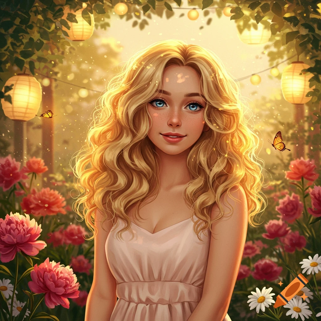 A vibrant digital art portrait of a smiling blonde girl with blue eyes amidst an enchanted garden with glowing lanterns and pink peonies at golden hour.