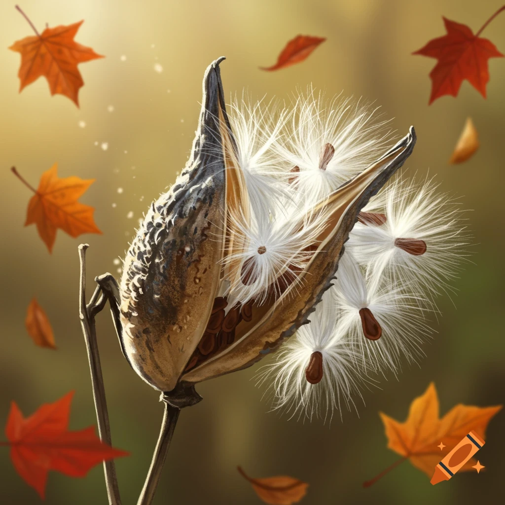 A milkweed pod bursts open, releasing fluffy white seeds into an autumn scene with falling red and orange maple leaves.