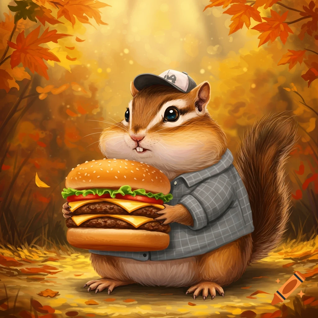 A cute chipmunk wearing a gray flannel shirt and baseball hat holds a large double cheeseburger in an autumn forest.