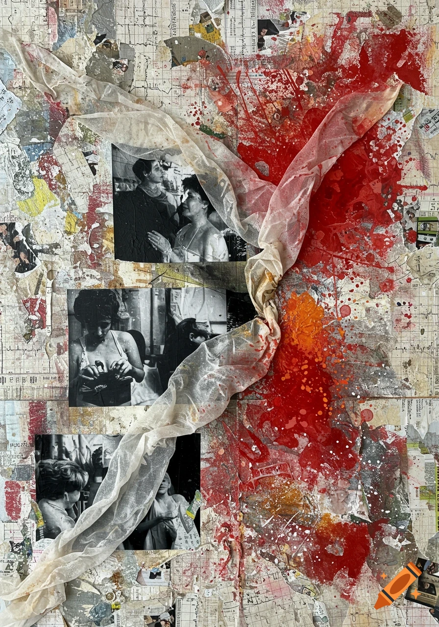 A textured mixed-media collage with medical charts, black-and-white photos of people, translucent fabric, and splashes of red and orange paint.