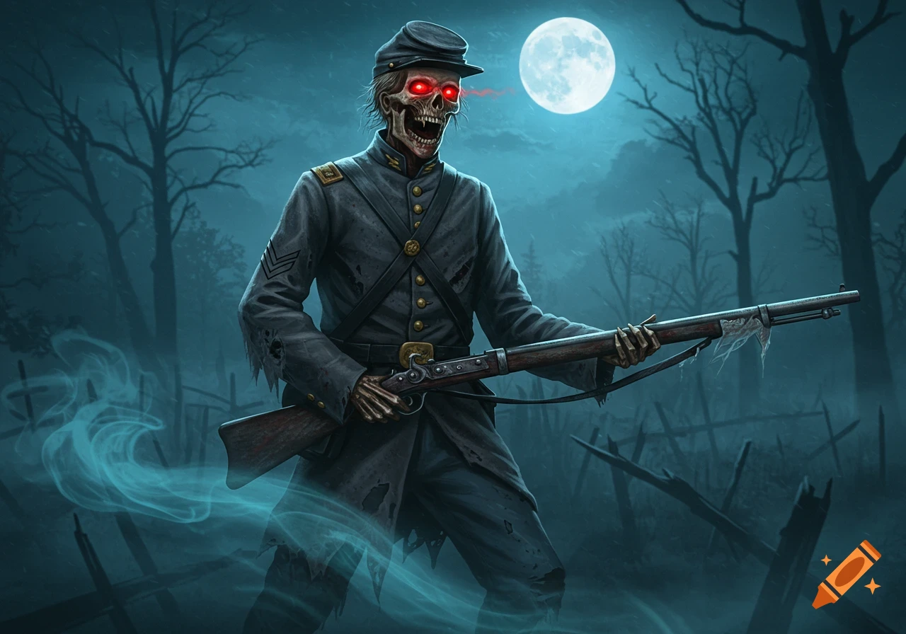 A skeletal ghoul in a tattered Confederate soldier uniform, with glowing red eyes, holds a rifle in a misty, dark forest under a full moon. Dark fantasy art.