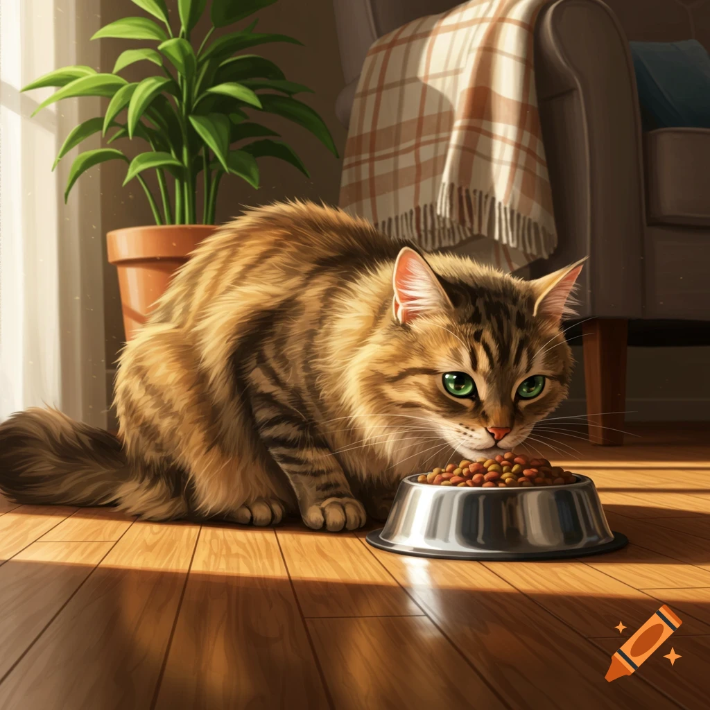 A brown tabby cat with green eyes eats from a silver food bowl on a sunny wooden floor indoors, next to a potted plant.