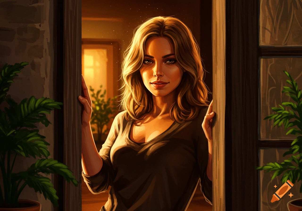 Digital painting of a woman with blonde hair standing in a doorway, looking directly at the viewer.