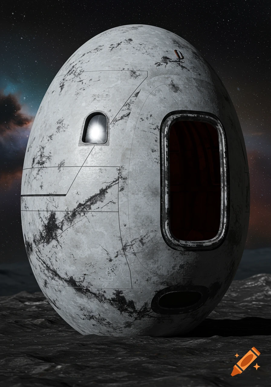 A photorealistic image of a heavily scorched, egg-shaped spaceship escape pod resting on a desolate, rocky planetary surface under a starry sky.