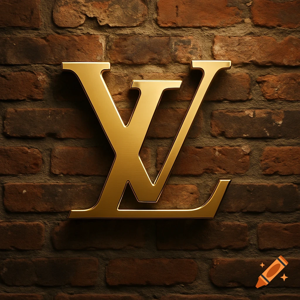A prominent gold LV logo is affixed to a textured brick wall, illuminated by warm lighting.