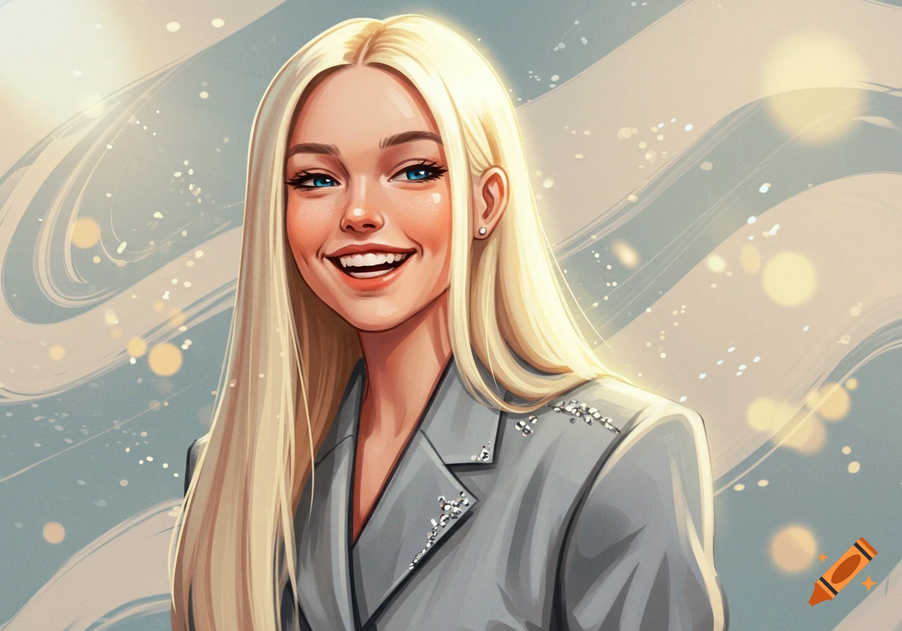 A stylized digital art portrait of a smiling woman with long blonde hair and blue eyes, wearing a gray blazer with sparkly details.