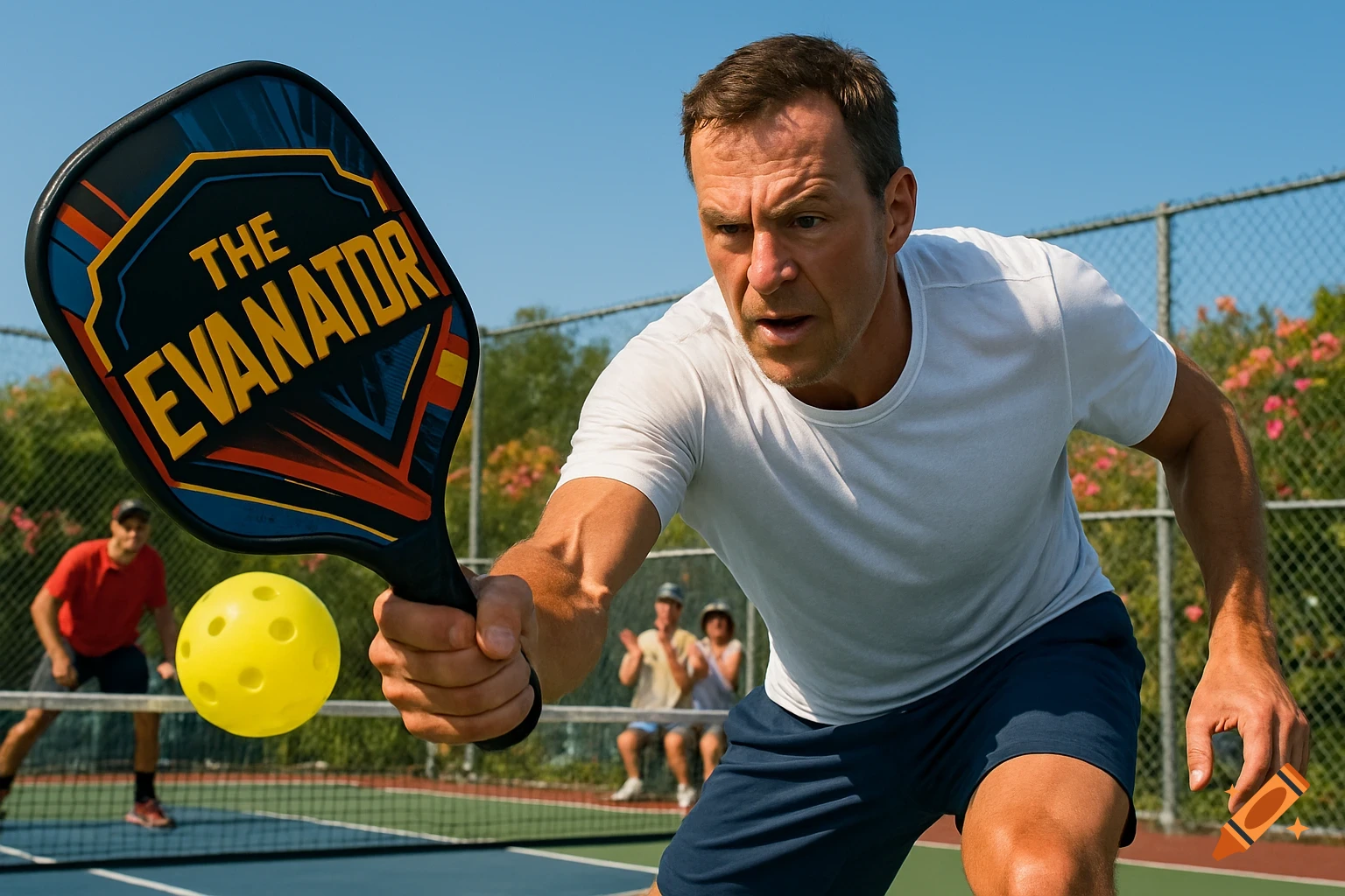 A man playing pickleball, holding a paddle labeled "The Evanator", with a yellow ball in mid-air and other players in the background on the court.