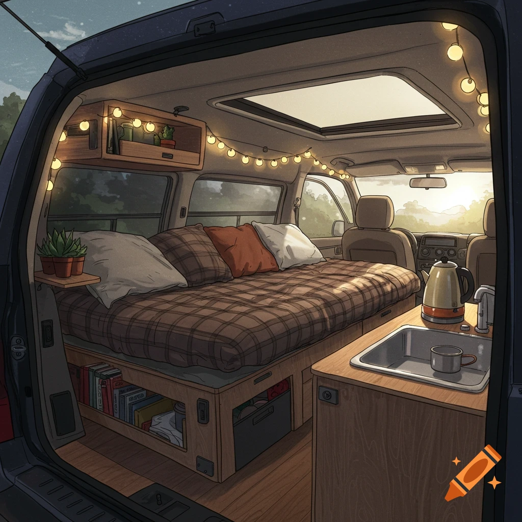 Illustrated cozy camper van interior featuring a bed with plaid bedding, string lights, a kitchen counter with a sink and kettle.