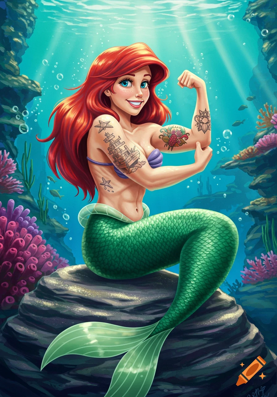Illustrated Ariel, the Little Mermaid, with muscular arms and tattoos, flexing her biceps underwater.