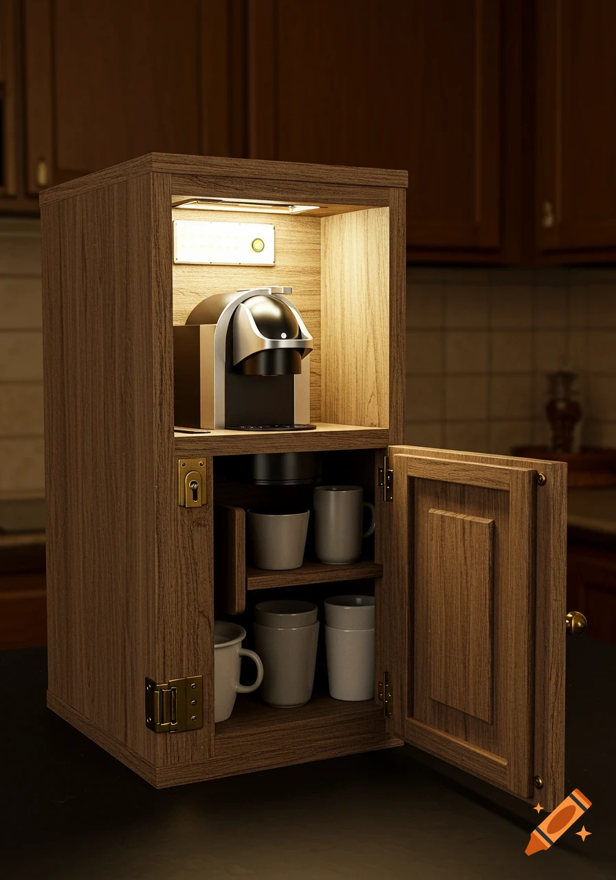 A wooden cabinet on a dark counter holds a coffee maker and cups, illuminated by an interior light.