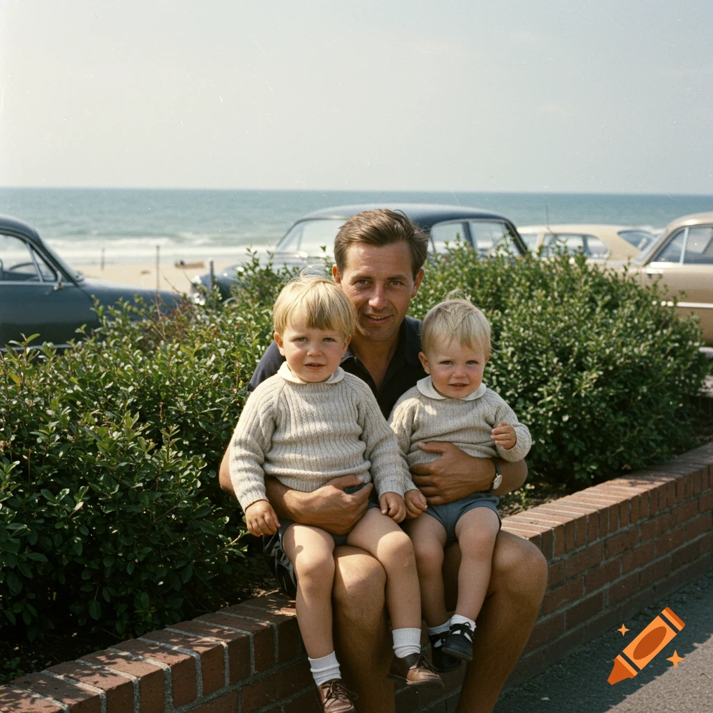 A man sits on a brick wall, holding two young blonde children on his lap, with a beach, ocean, and cars in the background on a sunny day. Vintage photograph.