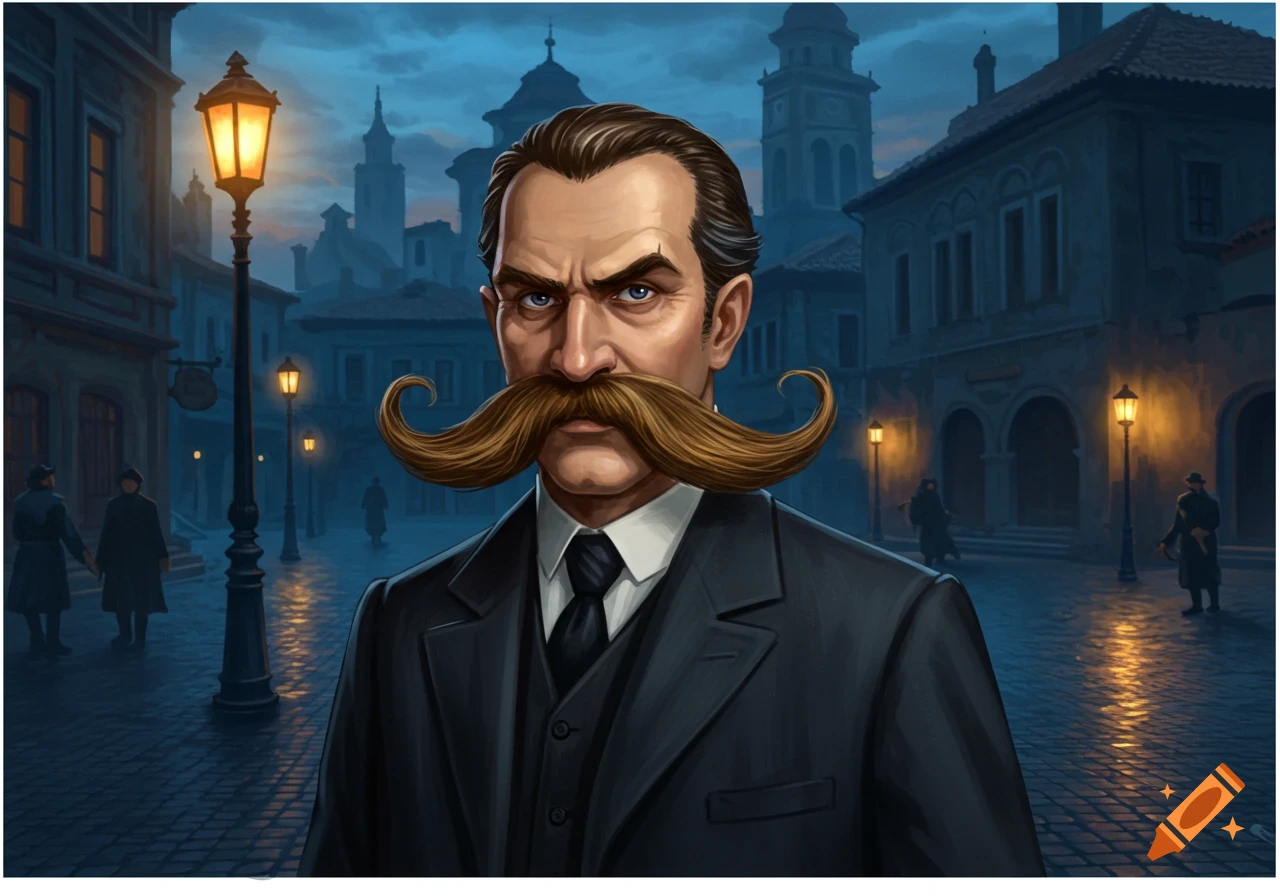 Stylized portrait of a man with a large, elaborate mustache in a suit, standing on a cobblestone street at night.