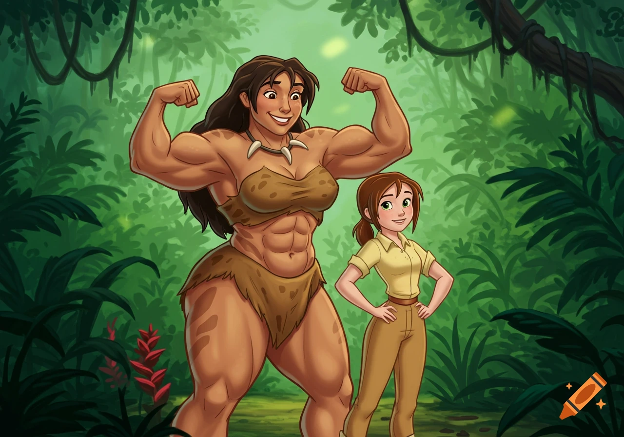 Cartoon of a muscular woman in a loincloth flexing next to Jane from Tarzan in a jungle.