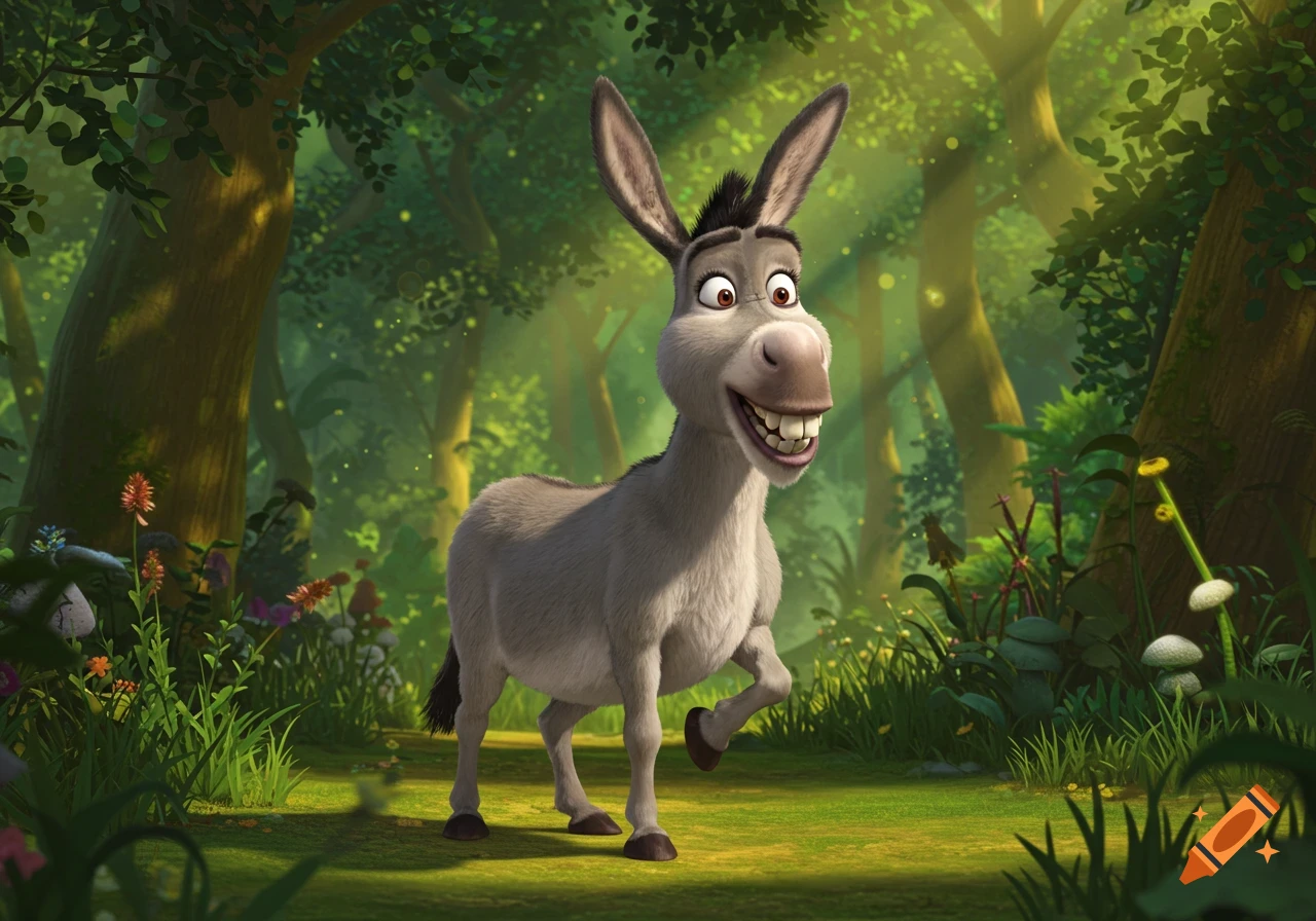 Donkey from Shrek smiling widely and walking in a vibrant, sunlit forest in 3D animation style.