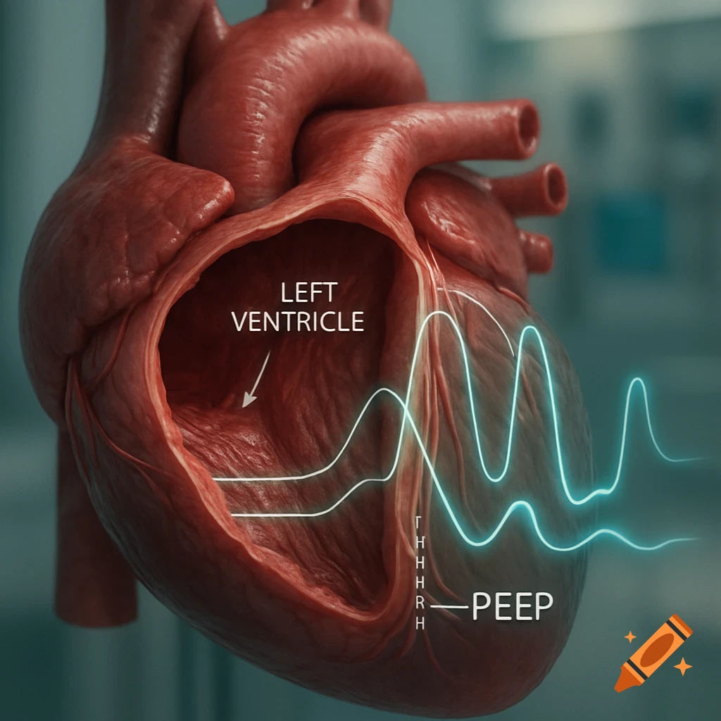 Detailed 3D illustration of a human heart cut open to show the left ventricle, with medical waveforms and labels.