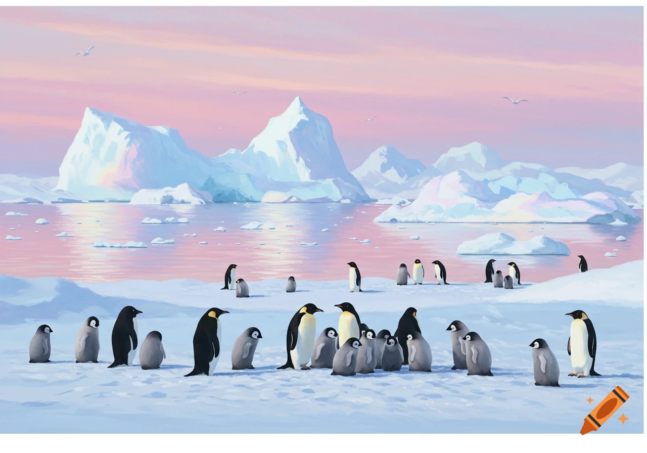 A group of penguins stand on an icy shore with large icebergs in a calm, pink-hued ocean under a pastel sky.