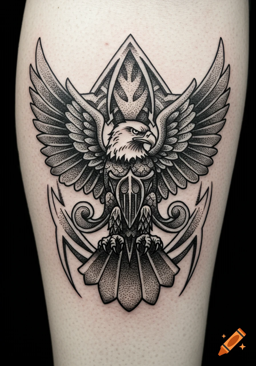 A detailed blackwork and dotwork tattoo of an eagle with spread wings, featuring dark art elements on human skin.