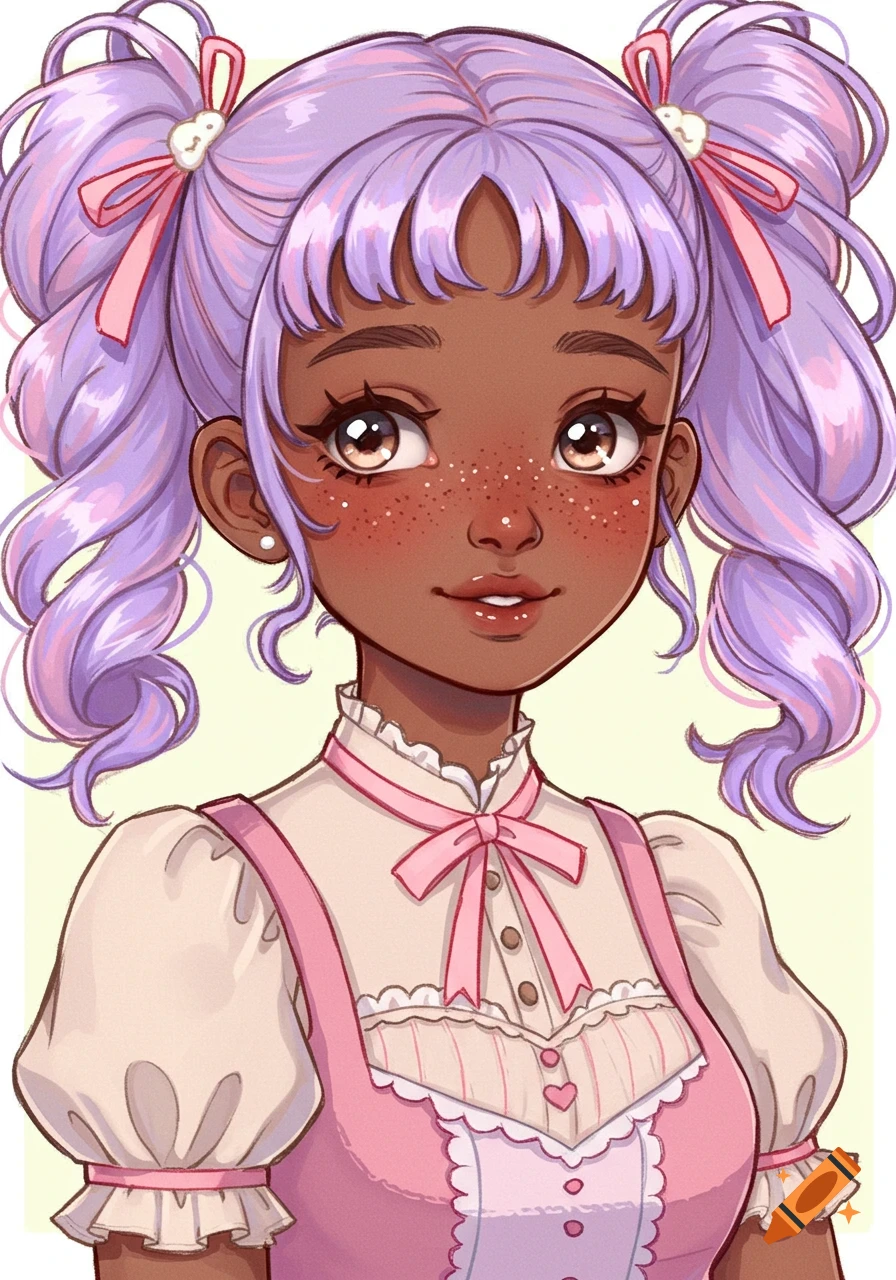 A cute anime girl with lavender pigtails, freckles, and a pink and white dress, looking up.