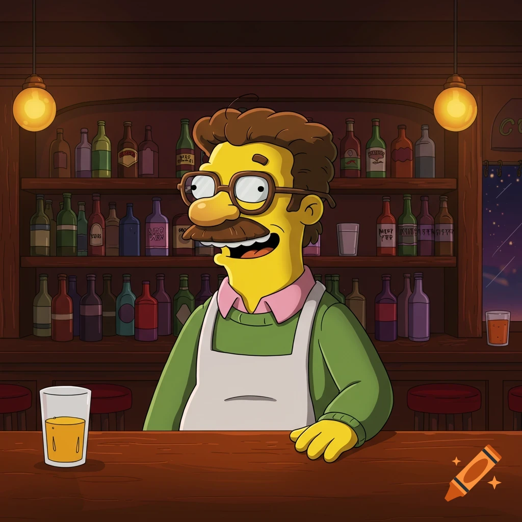 A cartoon character resembling Ned Flanders and Moe Szyslak from The Simpsons, wearing an apron behind a bar counter with bottles.