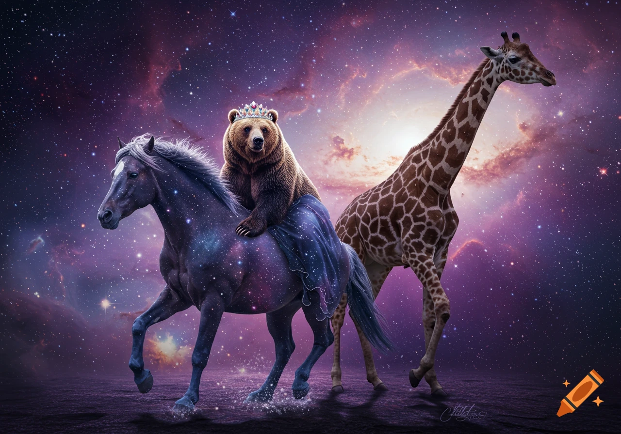 A bear in a tiara and dress rides a cosmic horse alongside a giraffe in a starry purple and blue galaxy.