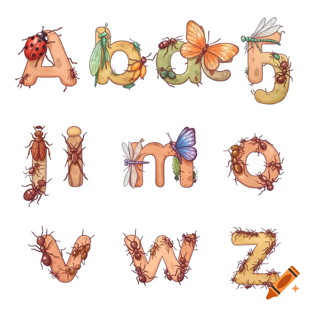 Cartoon alphabet letters (some uppercase, some lowercase) and a number (5) decorated with various insects in a whimsical clip art style.