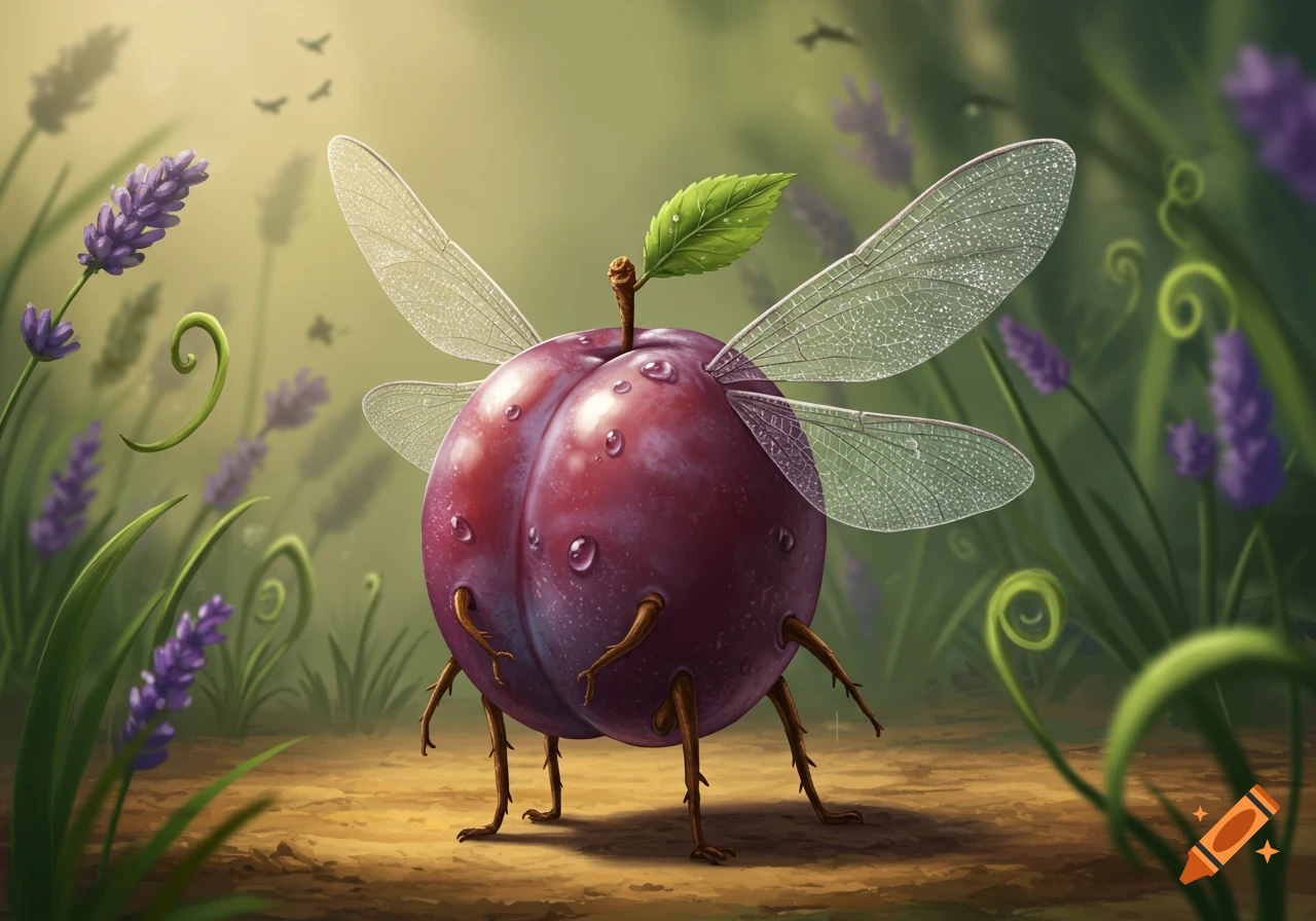 A whimsical plum-like creature with insect wings and legs stands in a field of lavender and grass.