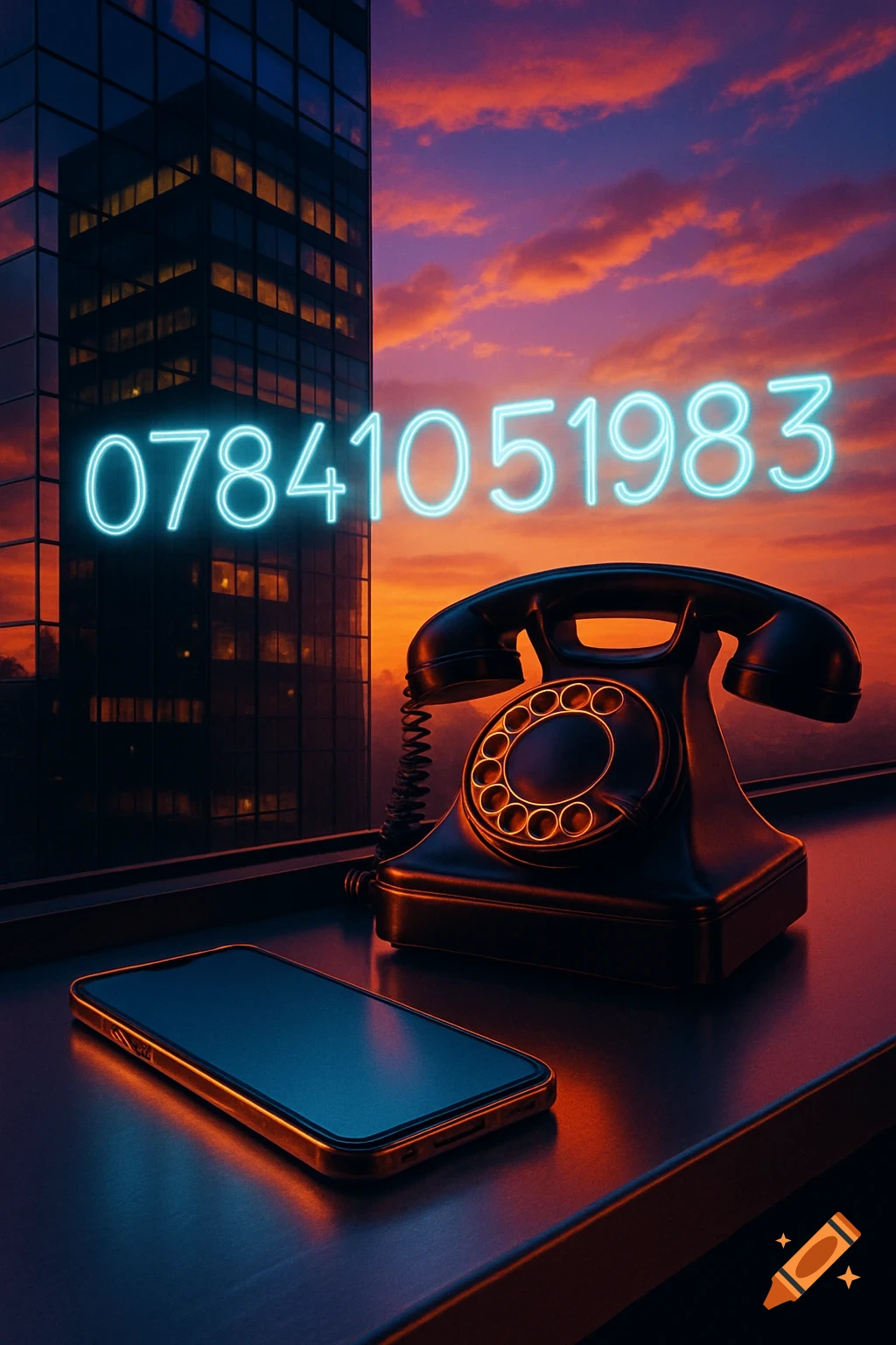 A black rotary phone and smartphone on a ledge, with a neon number '07841051983' floating before a city building and a vibrant sunset.