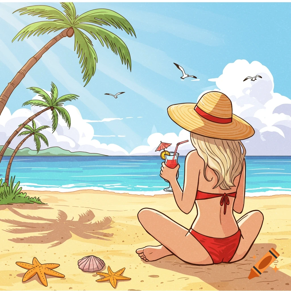 Cartoon illustration of a woman in a red bikini and straw hat sitting on a sandy beach, holding a drink, looking at the ocean and palm trees.