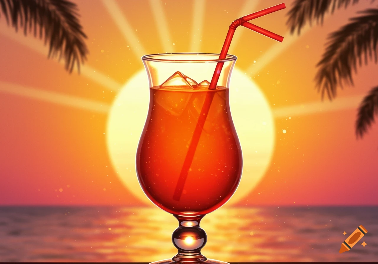 A hurricane glass with orange liquid and a red straw against a vibrant sunset over the ocean, with palm tree silhouettes.