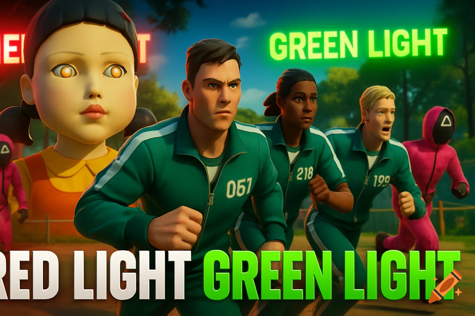 Fortnite characters in Squid Game green tracksuits run in a stylized 'Red Light Green Light' game, with the giant doll and game text.