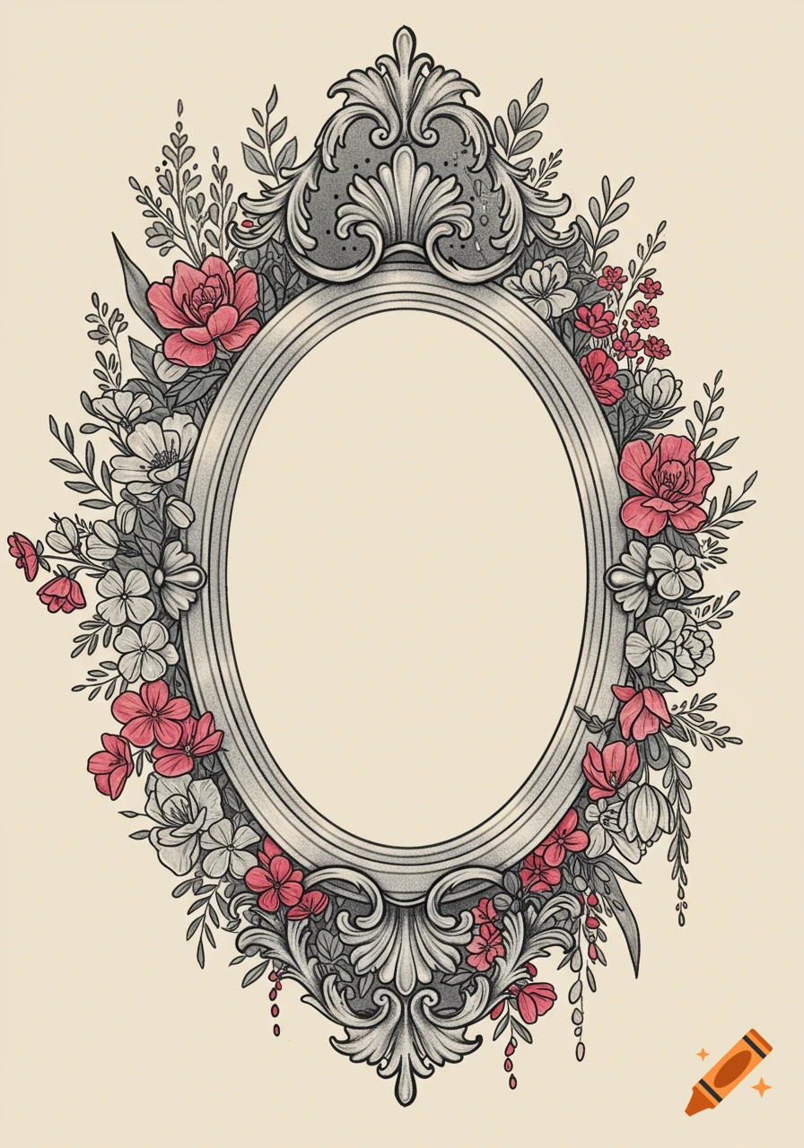 Ornate oval gothic frame with pink and grey floral border illustration.